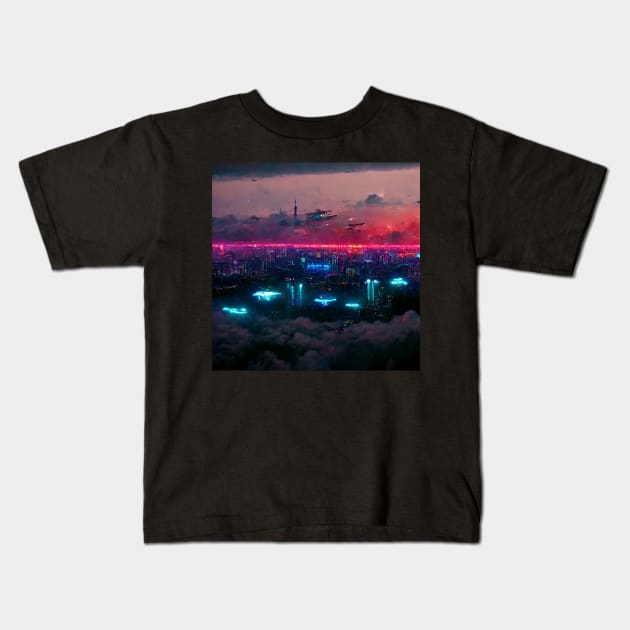 High Sphere - Cyberpunk Cityscape Skyline Kids T-Shirt by ArkMinted